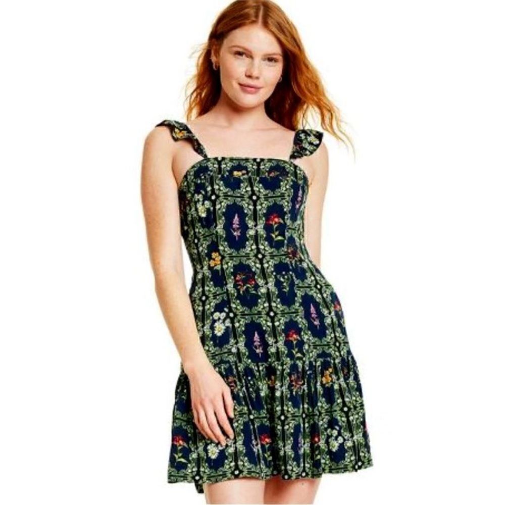 Agua Bendita x Target Navy Floral Tile Print Flutter Sleeve Mini Dress, M NWT